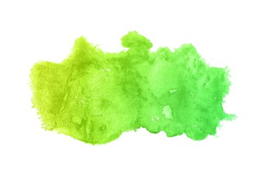 Beyaz üzerine izole edilmiş, sıvı bir kova boyası ile soyut suluboya arka plan görüntüsü. Yeşil ve sarı pastel tonları