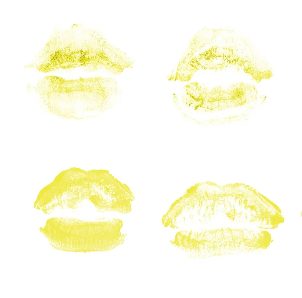 Kadın dudakları ruj öpücük baskı sevgililer günü için beyaz izole ayarlayın. Sarı renk — Stok fotoğraf