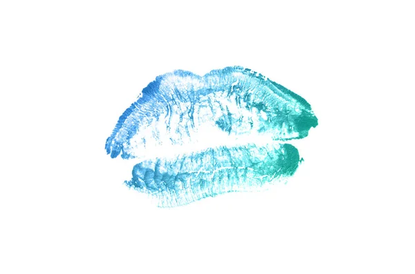 Lippenstift kus Mark op witte achtergrond. Mooie lippen geïsoleerd. Turquoise blauwe kleur — Stockfoto