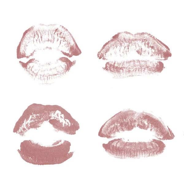 Labios femeninos beso lápiz labial conjunto de impresión para el día de San Valentín aislado en blanco. Color rojo oscuro —  Fotos de Stock