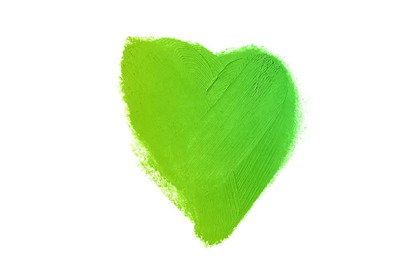 Liquid lipstick heart shape smudge isolated on white background. Lip gloss smear. Cosmetic skin tone cream. Shape of heart makeup swatch. Foundation strokes. Grooming Products. Green yellow color