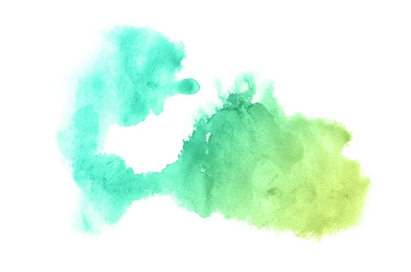 Abstraktes Aquarell-Hintergrundbild mit einem flüssigen Spritzer Aquarellfarbe, isoliert auf weißem Grund. Pastelltöne grün und gelb — Stockfoto