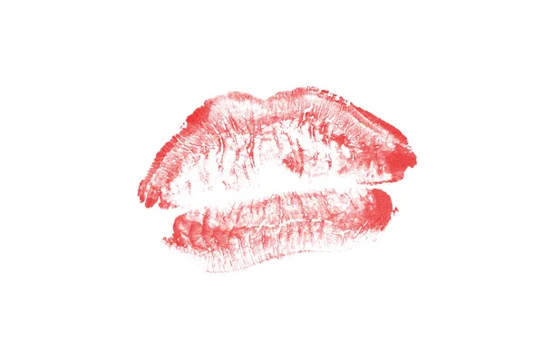 Marca de beso de lápiz labial sobre fondo blanco. Hermosos labios aislados. Color rojo — Foto de Stock