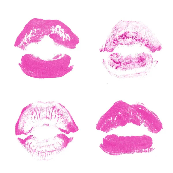 Lábios femininos batom beijo imprimir definido para dia dos namorados isolado no branco. Cor rosa — Fotografia de Stock