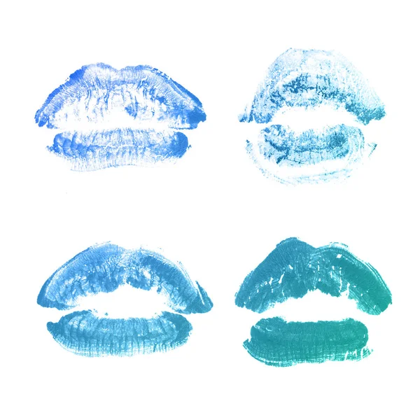 Női ajkak rúzs csók nyomtatni beállított Valentin nap izolált fehér. Türkiz kék szín — Stock Fotó