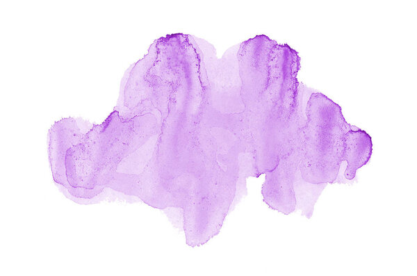 Abstract watercolor background image with a liquid splatter of aquarelle paint, isolated on white. Purple tones