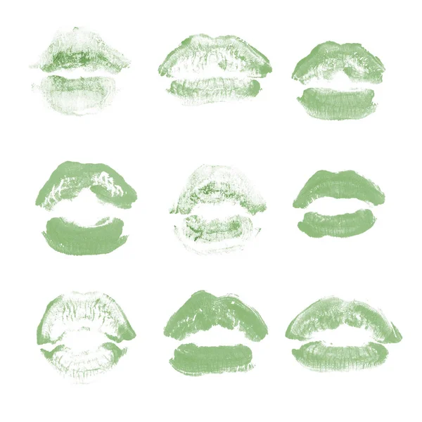 Kobiece usta szminka Kiss Print zestaw na Walentynki na białym tle. Ciemnozielony kolor — Zdjęcie stockowe