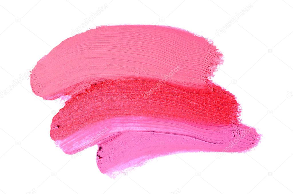 Smear and texture of lipstick or acrylic paint isolated on white background. Stroke of lipgloss or liquid nail polish swatch smudge sample. Element for beauty cosmetic design. Magenta color