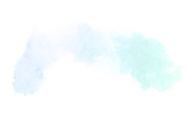 Beyaz üzerine izole edilmiş, sıvı bir kova boyası ile soyut suluboya arka plan görüntüsü. Mavi ve turkuaz pastel tonları