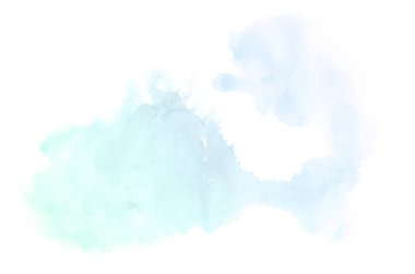 Beyaz üzerine izole edilmiş, sıvı bir kova boyası ile soyut suluboya arka plan görüntüsü. Mavi ve turkuaz pastel tonları