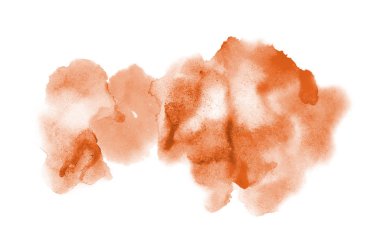 Beyaz üzerine izole edilmiş, sıvı bir kova boyası ile soyut suluboya arka plan görüntüsü. Turuncu tonları