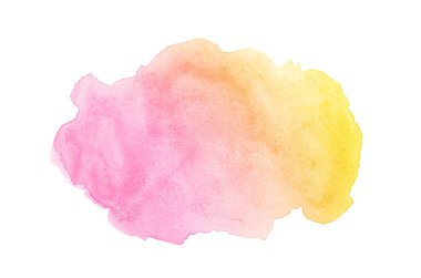 Beyaz üzerine izole edilmiş, sıvı bir kova boyası ile soyut suluboya arka plan görüntüsü. Pembe ve sarı tonları