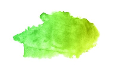 Beyaz üzerine izole edilmiş, sıvı bir kova boyası ile soyut suluboya arka plan görüntüsü. Yeşil ve sarı pastel tonları