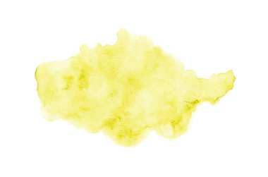 Beyaz üzerine izole edilmiş, sıvı bir kova boyası ile soyut suluboya arka plan görüntüsü. Sarı tonları