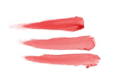 Smear ve ruj veya akrilik boya beyaz arka plan üzerinde izole doku. Lipgloss veya sıvı oje leke örneği inme. Güzellik kozmetik tasarım için eleman. Kırmızı renk