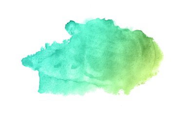 Beyaz üzerine izole edilmiş, sıvı bir kova boyası ile soyut suluboya arka plan görüntüsü. Yeşil ve sarı pastel tonları