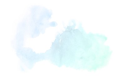 Beyaz üzerine izole edilmiş, sıvı bir kova boyası ile soyut suluboya arka plan görüntüsü. Mavi ve turkuaz pastel tonları