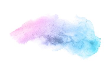 Beyaz üzerine izole edilmiş, sıvı bir kova boyası ile soyut suluboya arka plan görüntüsü. Pembe ve mavi pastel tonları