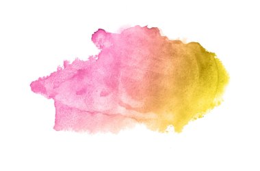 Beyaz üzerine izole edilmiş, sıvı bir kova boyası ile soyut suluboya arka plan görüntüsü. Pembe ve sarı tonları