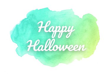 Kova boyası sıvı bir sıçrama ile soyut suluboya arka plan görüntüsü. Yeşil ve sarı pastel tonları. Cadılar Bayramınız Kutlu Olsun