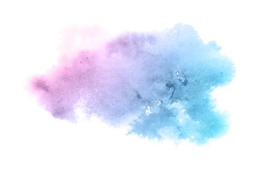 Beyaz üzerine izole edilmiş, sıvı bir kova boyası ile soyut suluboya arka plan görüntüsü. Pembe ve mavi pastel tonları