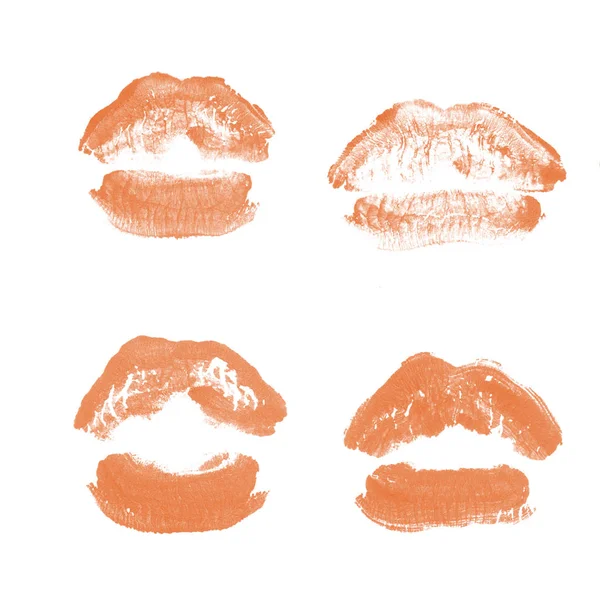 Weibliche Lippen Lippenstift-Kuss-Print-Set für den Valentinstag isoliert auf weiß. orange Farbe — Stockfoto