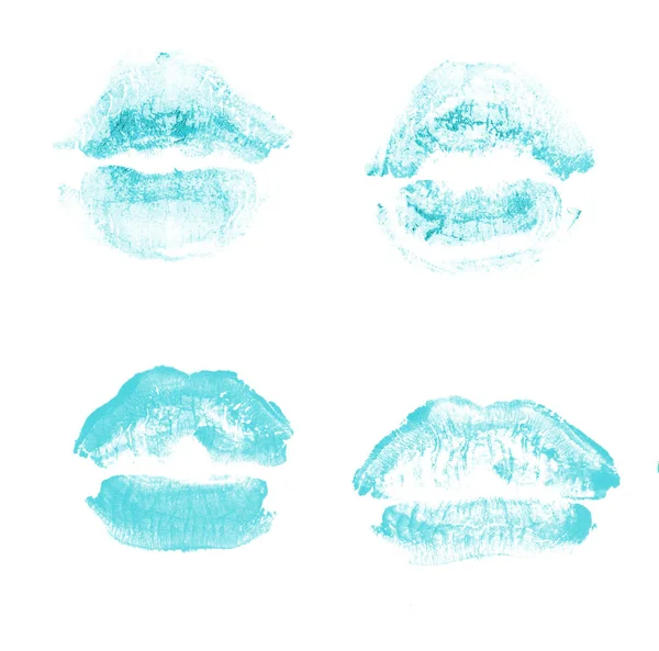 Lábios femininos batom beijo imprimir definido para dia dos namorados isolado no branco. Cor azul claro — Fotografia de Stock