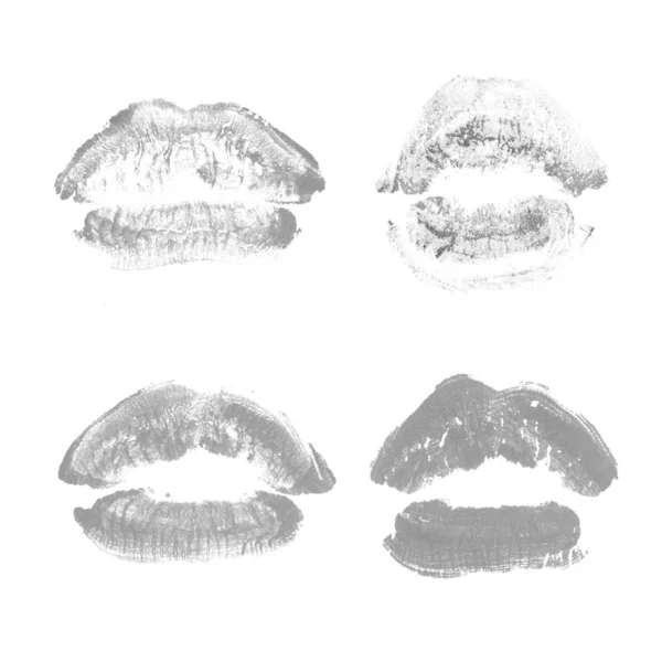 Labios femeninos beso lápiz labial conjunto de impresión para el día de San Valentín aislado en blanco. Color gris —  Fotos de Stock