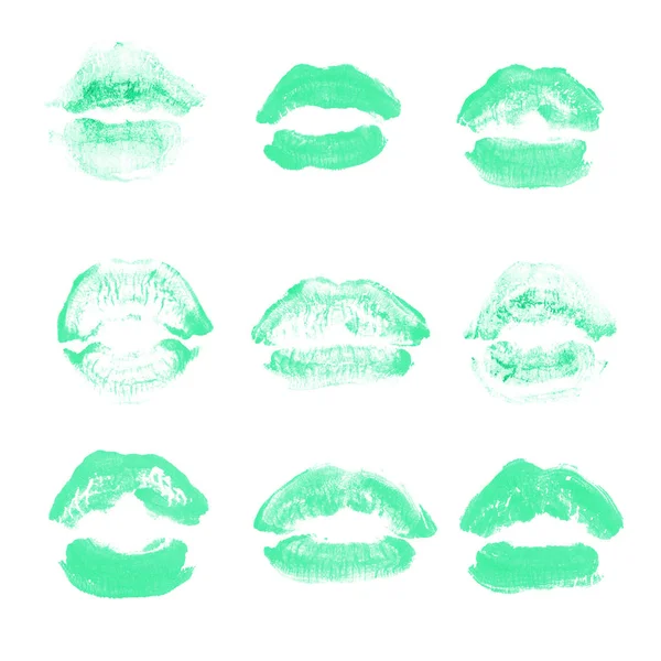 Vrouwelijke lippen lipstick kiss print set voor Valentijn dag geïsoleerd op wit. Turquoise kleur — Stockfoto