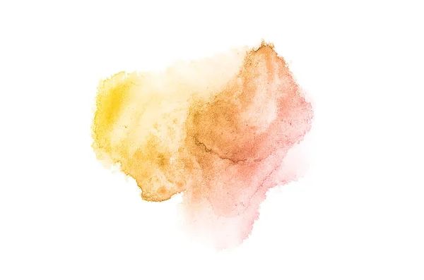 Beyaz üzerine izole edilmiş, sıvı bir kova boyası ile soyut suluboya arka plan görüntüsü. Pembe ve sarı tonları — Stok fotoğraf