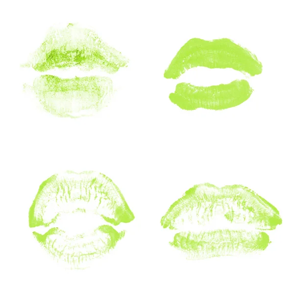 Kobiece usta szminka Kiss Print zestaw na Walentynki na białym tle. Jasnozielony kolor — Zdjęcie stockowe