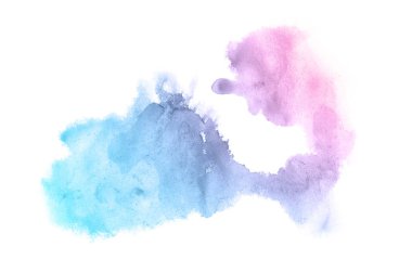 Beyaz üzerine izole edilmiş, sıvı bir kova boyası ile soyut suluboya arka plan görüntüsü. Pembe ve mavi pastel tonları