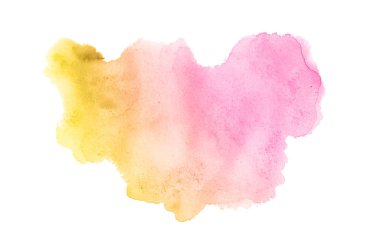 Beyaz üzerine izole edilmiş, sıvı bir kova boyası ile soyut suluboya arka plan görüntüsü. Pembe ve sarı tonları