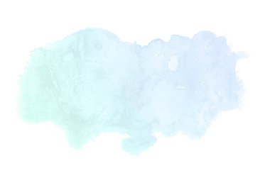 Beyaz üzerine izole edilmiş, sıvı bir kova boyası ile soyut suluboya arka plan görüntüsü. Mavi ve turkuaz pastel tonları