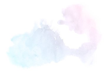 Beyaz üzerine izole edilmiş, sıvı bir kova boyası ile soyut suluboya arka plan görüntüsü. Pembe ve mavi pastel tonları