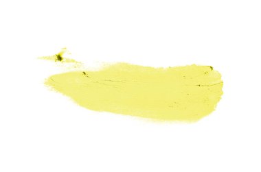 Smear ve ruj veya akrilik boya beyaz arka plan üzerinde izole doku. Lipgloss veya sıvı oje leke örneği inme. Güzellik kozmetik tasarım için eleman. Sarı renk