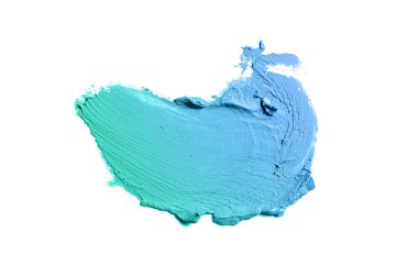 Beyaz arka planda izole edilmiş ruj ya da akrilik boya lekesi. Dudak parlatıcısı ya da sıvı tırnak cilası örneği. Güzellik kozmetik tasarımı için bir element. Turkuaz mavi renk