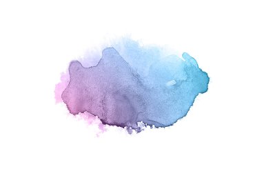 Beyaz üzerine izole edilmiş, sıvı bir kova boyası ile soyut suluboya arka plan görüntüsü. Pembe ve mavi pastel tonları
