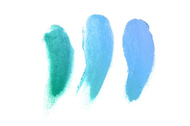 Beyaz arka planda izole edilmiş ruj ya da akrilik boya lekesi. Dudak parlatıcısı ya da sıvı tırnak cilası örneği. Güzellik kozmetik tasarımı için bir element. Turkuaz mavi renk
