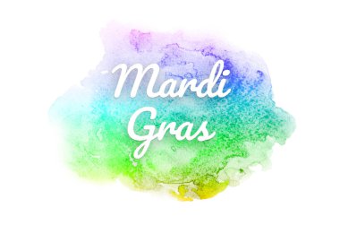 Abstract watercolor background image with a liquid splatter of aquarelle paint. Rainbow tones. Mardi gras