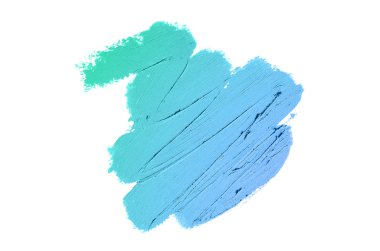 Beyaz arka planda izole edilmiş ruj ya da akrilik boya lekesi. Dudak parlatıcısı ya da sıvı tırnak cilası örneği. Güzellik kozmetik tasarımı için bir element. Turkuaz mavi renk