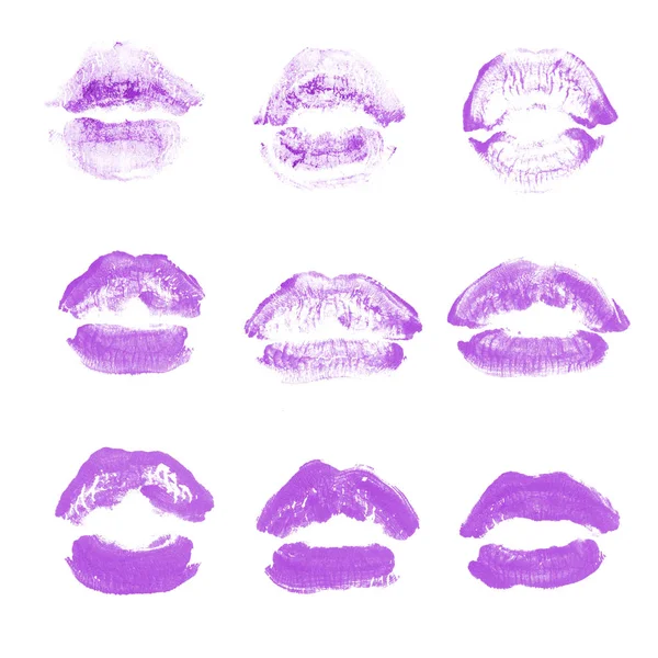 Weibliche Lippen Lippenstift-Kuss-Print-Set für den Valentinstag isoliert auf weiß. violette Farbe — Stockfoto