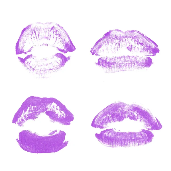 Female lips lipstick kiss print set for valentine day isolated on white. Purple color — Stock Photo, Image