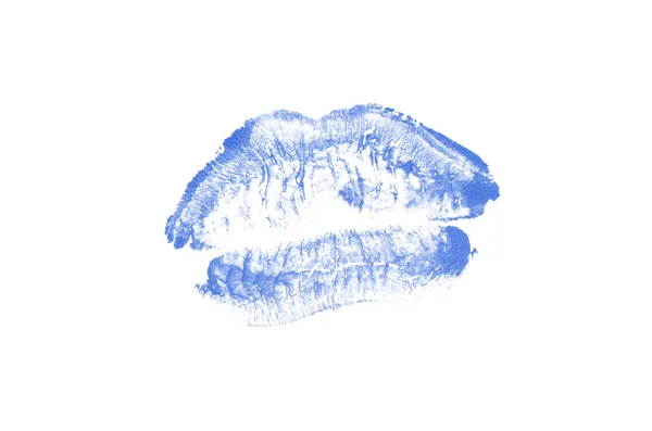 Segno di bacio rossetto su sfondo bianco. Belle labbra isolate. Colore blu — Foto Stock