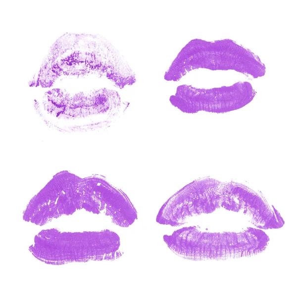 Vrouwelijke lippen lipstick kiss print set voor Valentijn dag geïsoleerd op wit. Paarse kleur — Stockfoto