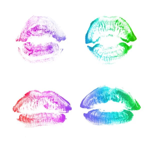 Female lips lipstick kiss print set for valentine day isolated on white. Rainbow color — Stock Photo, Image
