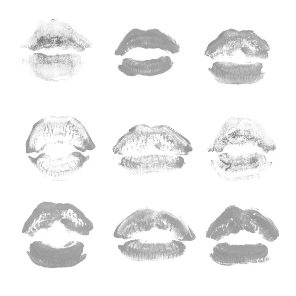 Rossetto labbra femminili set stampa bacio per San Valentino isolato su bianco. Colore grigio — Foto Stock