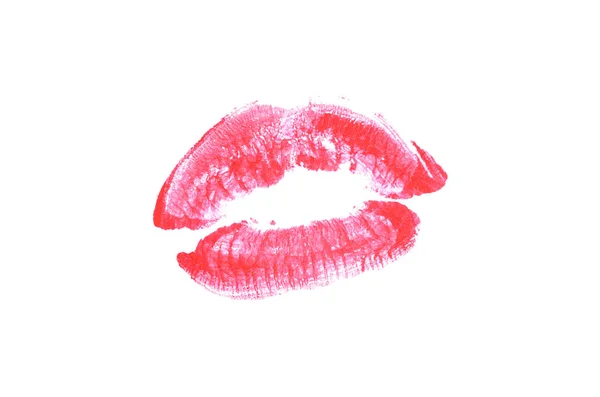 Marca de beso de lápiz labial sobre fondo blanco. Hermosos labios aislados. Color magenta — Foto de Stock