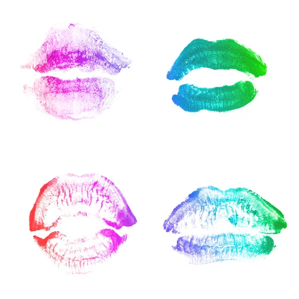 Labios femeninos beso lápiz labial conjunto de impresión para el día de San Valentín aislado en blanco. Color del arco iris —  Fotos de Stock