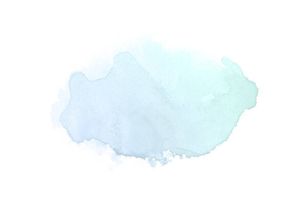 Abstract watercolor background image with a liquid splatter of aquarelle paint, isolated on white.Blue and turquoise pastel tones